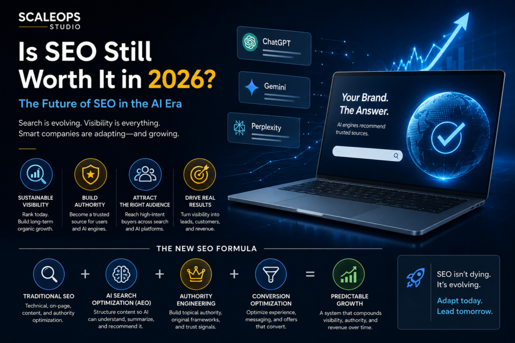 Growth Systems framework showing how SEO, AI Search Optimization (AEO), Authority Engineering, and Conversion work together to create predictable business growth in 2026.
